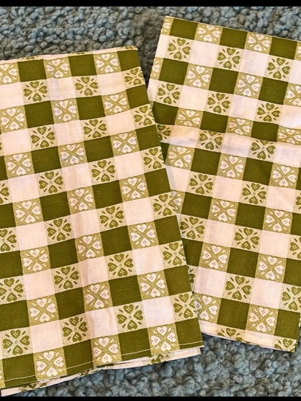 Two Vintage (New) Leacock Tea Towels 70s Avocado Green Hearts 28” USA COTTON